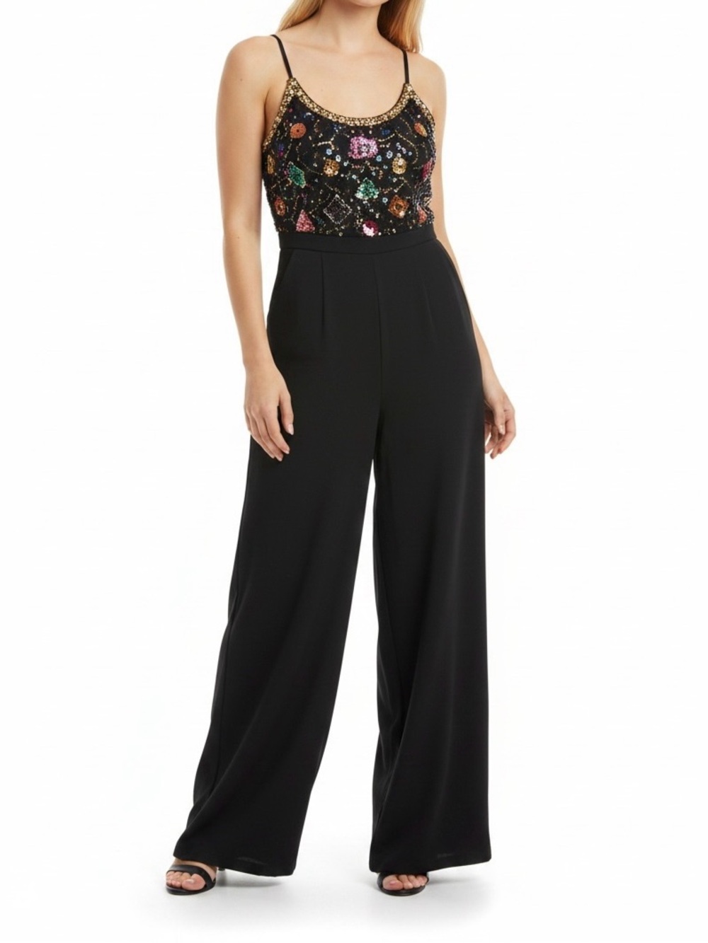 Vintage 90s Styleworks Black Sequin Beaded Wide Leg Jumpsuit 4